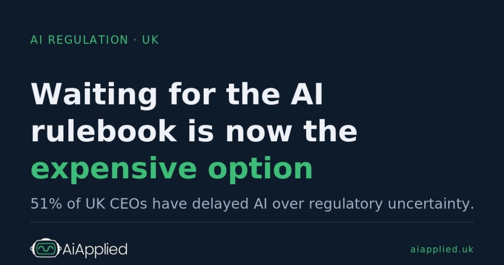 Article card on a dark navy background reading Waiting for the AI rulebook is now the expensive option, with expensive option highlighted in green.