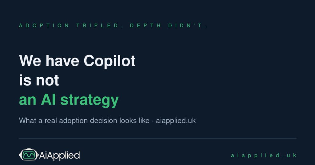 Article card on a dark navy background reading ‘We have Copilot’ is not an AI strategy, with ‘an AI strategy’ highlighted in green.