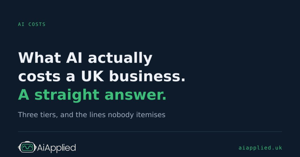 Article card: What AI actually costs a UK business. A straight answer. aiapplied.uk