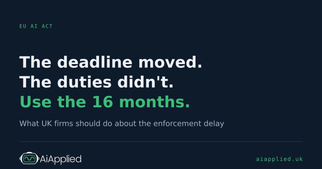 Article card: The deadline moved. The duties didn't. Use the 16 months. EU AI Act enforcement delay, aiapplied.uk